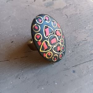 Vintage Vamp Romantic Heart Nepalese Adjustable Band Brass Inlay Red Ring